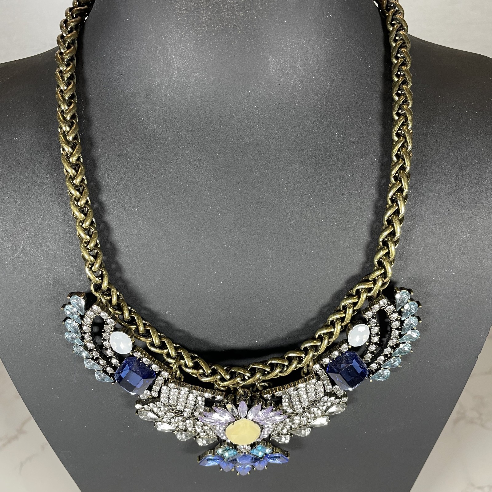BaubleBar Statement Necklace Blue Crystal Rhinestone Bib Antique Bronze Choker