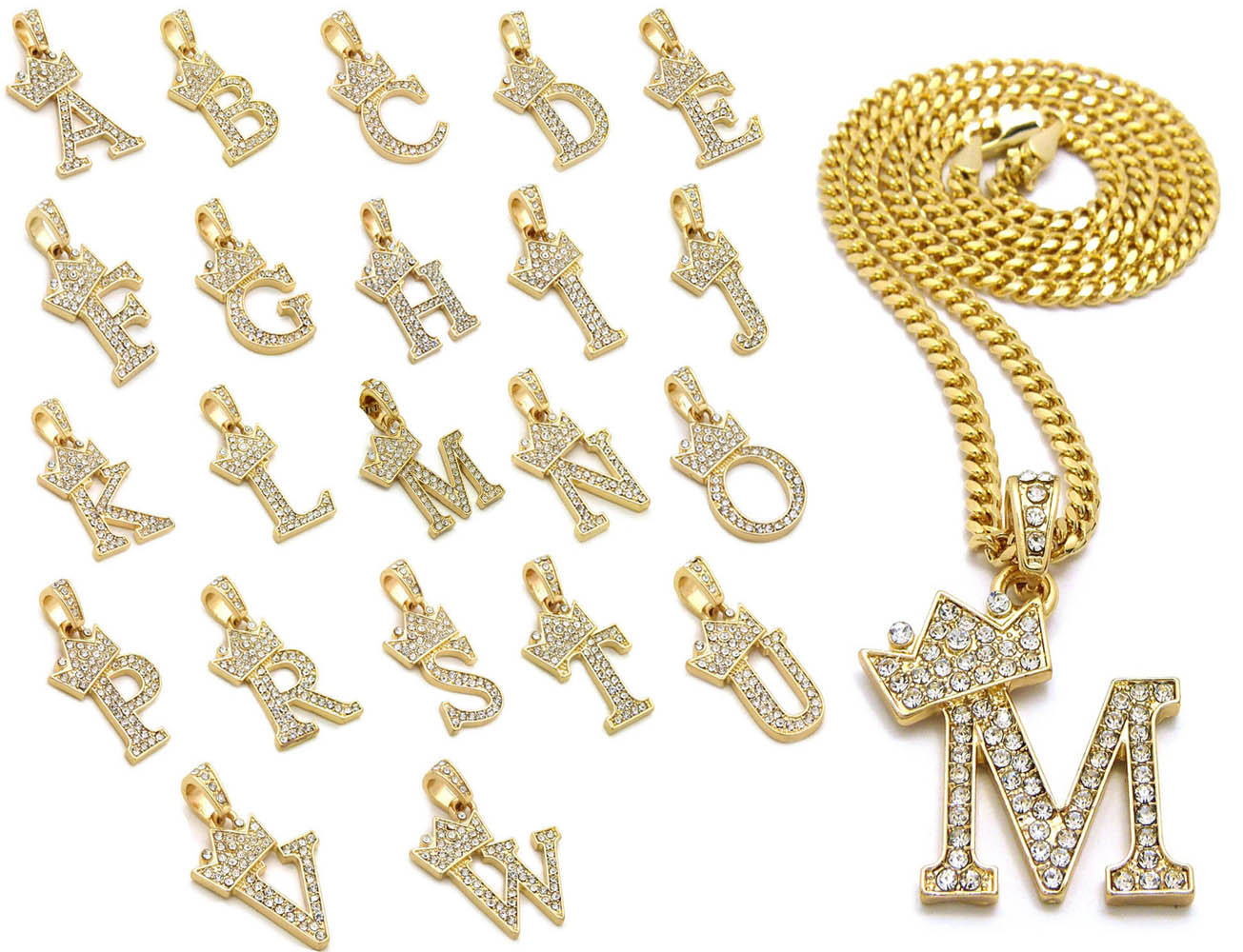 Stone Filled Alphabet Initial Letter Pendant 24″ Cuban Chain Hip Hop Necklace