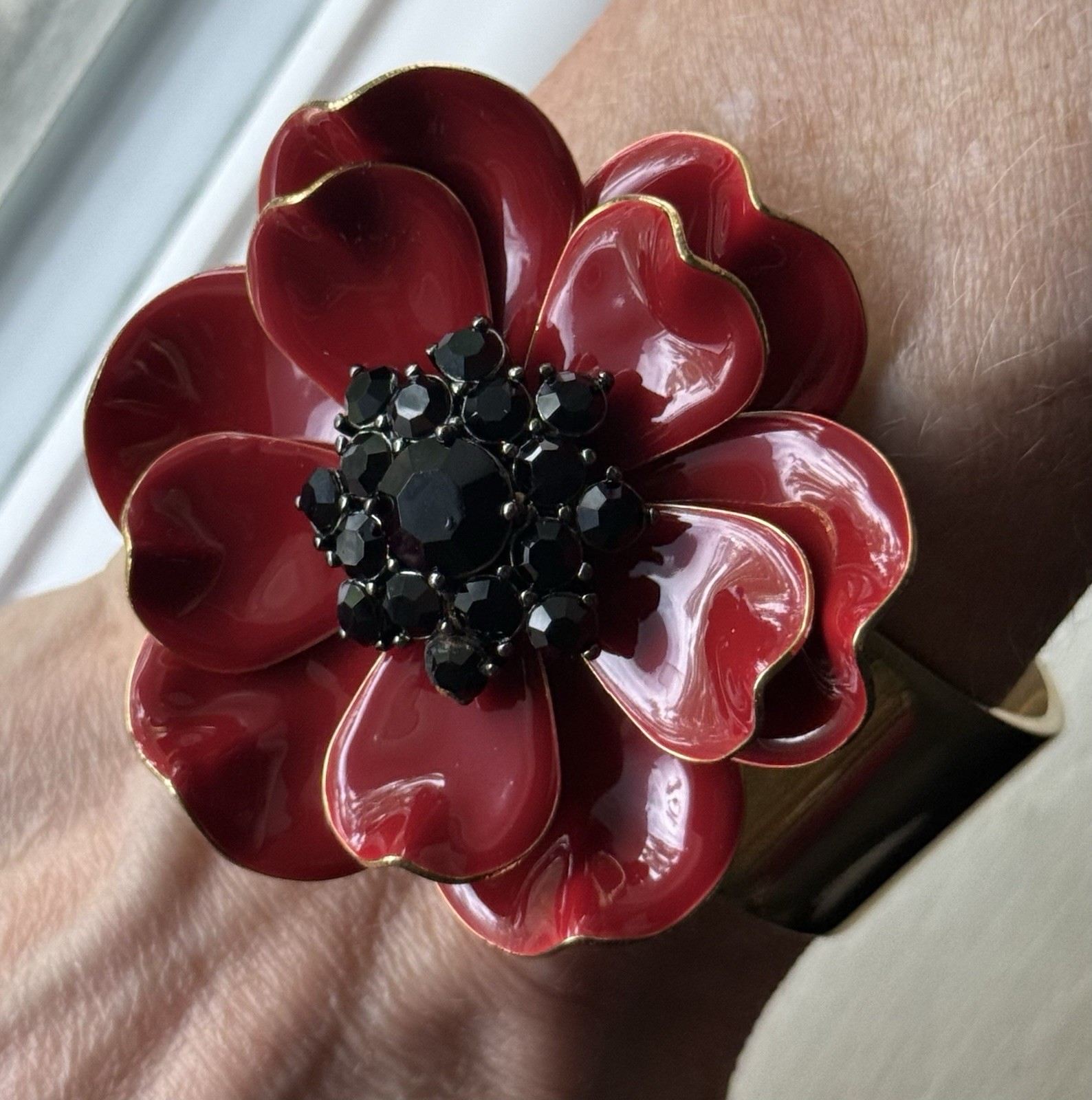 Kate Spade Precious Poppies Large Flower Cuff Bracelet Gold Red Black Bangle